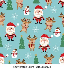 Merry Christmas greeting card background. Santa Claus, deer and snowman seamless pattern. Cute holiday cartoon character vector.