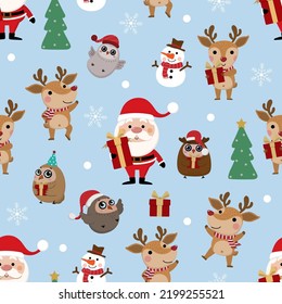 Merry Christmas greeting card background. Santa Claus, deer, owl and snowman seamless pattern. Cute holiday cartoon character vector.