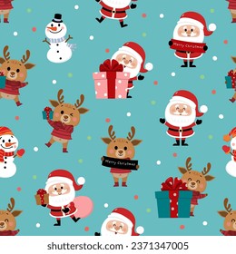 Merry Christmas greeting card background. Santa Claus, deer and snowman seamless pattern. Cute holiday cartoon character vector.