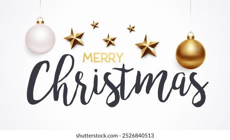 Merry Christmas greeting card background banner with gold stars and ornaments. Festive holiday design in white and gold