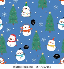 Fondo de la tarjeta de felicitación de las Navidades felices. Lindo muñeco de nieve y árbol de Navidad sin patrón. Lindo Vector de personaje de dibujos animados de vacaciones.