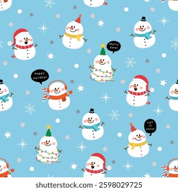 Merry Christmas greeting card background. Cute snowman and winter snow seamless pattern. Cute holiday cartoon character vector
