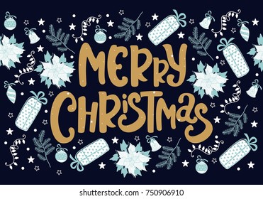 Merry Christmas greeting card. Christmas background. Christmas and new year inscriptions.