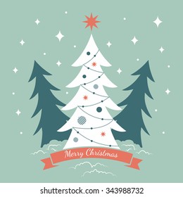 Merry Christmas greeting card background.Xmas ribbon and trees silhouette vector illustration.