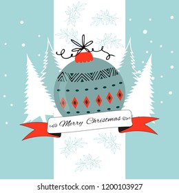 Merry Christmas greeting card. Christmas ball, hand drawn vector illustration.