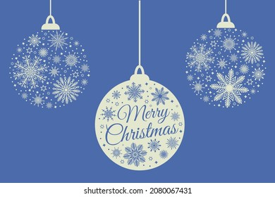 Merry Christmas greeting card with Christmas ball baubles silhouette with snowflakes and snow on blue background. Cute winter holiday design element for invitation, banner.