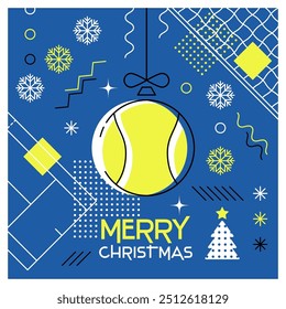 Felices Navidades. Tarjeta de felicitación con la bola de la Navidad como pelota de tenis. Abstractas diseño plano. Ilustración vectorial.