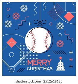 Merry Christmas. Greeting card with Christmas ball as a baseball ball. Abstract flat design. Vector illustration.