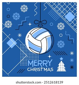 Felices Navidades. Tarjeta de felicitación con bola de Navidad como una pelota de voleibol. Abstractas diseño plano. Ilustración vectorial.