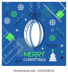 Merry Christmas. Greeting card with Christmas ball as a rugby ball. Abstract flat design. Vector illustration.