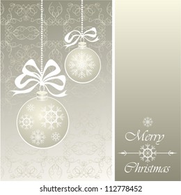 Merry Christmas Greeting Card with Christmas Balls on Light Background, Vector Illustration