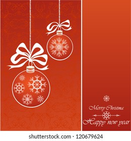 Merry Christmas Greeting Card with Christmas Balls on Red Background, Vector Illustration