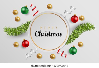 Merry Christmas greeting card with balls, shiny ribbon and fir branches on gray background, Vector illustration