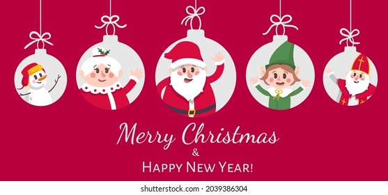 Merry Christmas greeting card. Christmas balls with happy characters vector illustration