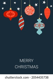 Merry Christmas greeting card. Christmas balls with decoration on blue background. Vector illustration