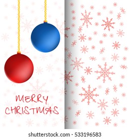 Merry Christmas greeting card with christmas balls and snowflakes. Vector illustration.