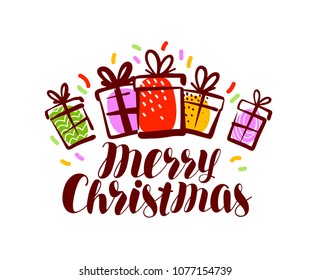 Merry Christmas, greeting card or banner. Xmas, holiday concept. Lettering vector illustration