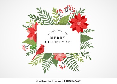 Merry Christmas Greeting Card, Banner And Background In Elegant, Modern And Classic Style With Leaves, Flowers And Bird