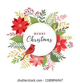 Merry Christmas greeting card, banner and background in elegant, modern and classic style with leaves, flowers and bird