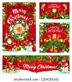 Merry Christmas greeting card or banner. Clock and Santa on snowy Christmas tree. Vector holly wreath decoration, golden bell for happy winter holidays on red snow background