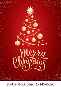 Merry Christmas greeting card or banner template with Handwritten lettering on a red background. Decorative Christmas tree with realistic golden glass balls, stars and sequins. Vector illustration