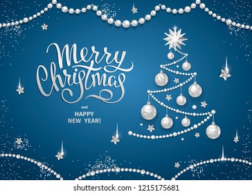 Merry Christmas greeting card or banner template with Handwritten lettering on a blue background. Decorative Christmas tree with realistic silver glass balls, stars and sequins. Vector illustration