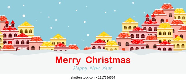  Merry Christmas greeting card, banner with colorful winter landscape village and houses, vector illustration