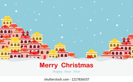  Merry Christmas greeting card, banner with colorful winter landscape village and houses, vector illustration