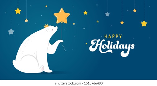 Merry Christmas greeting card, banner. White polar bear is holding gold star balloon, vector cartoon illustration