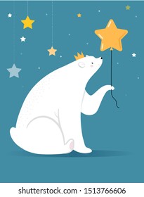 Merry Christmas greeting card, banner. White polar bear is holding gold star balloon, vector cartoon illustration