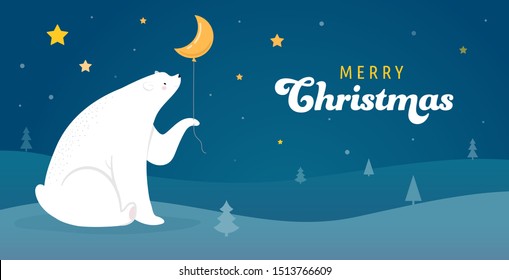 Merry Christmas greeting card, banner. White polar bear is holding gold star balloon, vector cartoon illustration