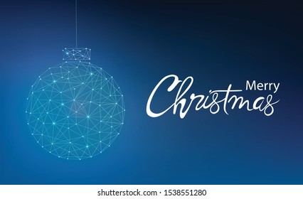 Merry christmas greeting card banner with innovative style bauble. Connected dots. Blue background