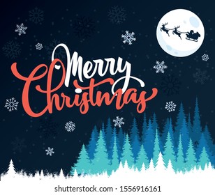 merry christmas greeting card banner with winter landscape background. Banner design includes snowflakes, xmas trees, moon and flying santa with holiday deers. Vector illustration  