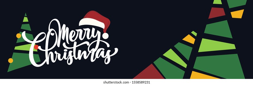 merry christmas greeting card banner with abstract background. Banner design includes xmas trees, santa cap with typography. Vector illustration  