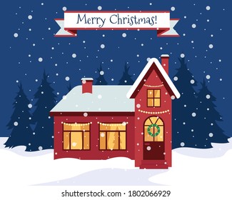 Merry Christmas greeting card or banner. Winter nature and house in forest. Home with christmas eve decorations. Vector illustration.