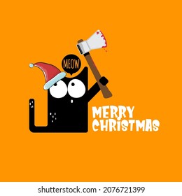 Merry Christmas greeting card or banner with a Black cat with Santa hat holding bloody knife isolated on orange background. Funny Christmas black cat and knife. Christmas concept illustration