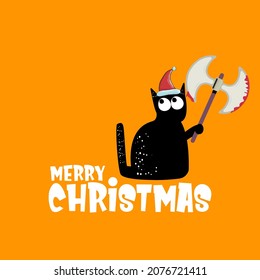 Merry Christmas greeting card or banner with a Black cat with Santa hat holding bloody knife isolated on orange background. Funny Christmas black cat and knife. Christmas concept illustration