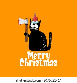 Merry Christmas greeting card or banner with a Black cat with Santa hat holding bloody knife isolated on orange background. Funny Christmas black cat and knife. Christmas concept illustration