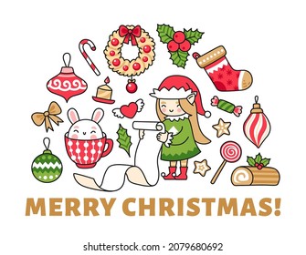 Merry christmas greeting card, banner, poster, print for children. Cute christmas elf with a list of gifts, bunny in mug, holly, winter decorations. Vector cartoon illustrations.
