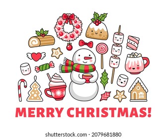 Merry christmas greeting card, banner, poster, print for children. Cute snowman, gingerbread house and cookies, christmas log, marshmallows. Vector cartoon illustrations.