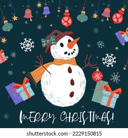 Merry Christmas greeting card or banner design with snowman and wish phrase, flat vector illustration on dark background. Christmas and New Year winter decorative banner or poster template.