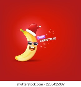 Merry Christmas greeting card and banner with funny cartoon banana character wearing santa red hat isolated on red background. Funny and cute Christmas card with smiling Banana monster