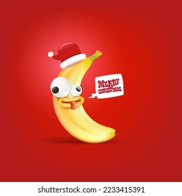 Merry Christmas greeting card and banner with funny cartoon banana character wearing santa red hat isolated on red background. Funny and cute Christmas card with smiling Banana monster