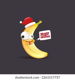 Merry Christmas greeting card and banner with funny cartoon banana character wearing santa red hat isolated on grey background. Funny and cute Christmas card with smiling Banana monster