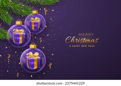 Merry christmas greeting card or banner. Hanging transparent glass balls baubles with gift boxes inside, pine branches on purple background, golden confetti. New Year Xmas design. Vector illustration.