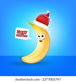 Merry Christmas greeting card and banner with funny cartoon banana character wearing santa red hat isolated on blue background. Funny and cute Christmas card with smiling Banana monster