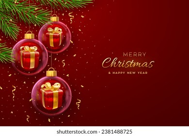 Merry christmas greeting card or banner. Hanging transparent glass balls baubles with gift boxes inside, pine branches on red background, golden confetti. New Year Xmas design. Vector illustration.