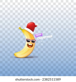 Merry Christmas greeting card and banner with funny cartoon banana character wearing santa red hat isolated on transparent background. Funny and cute Christmas card with smiling Banana monster