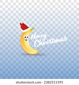 Merry Christmas greeting card and banner with funny cartoon banana character wearing santa red hat isolated on transparent background. Funny and cute Christmas card with smiling Banana monster