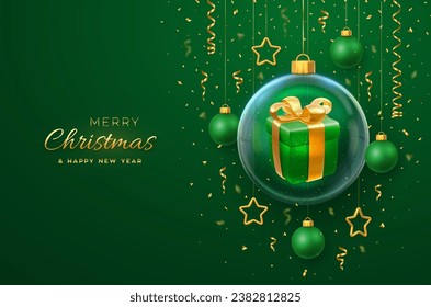 Merry christmas greeting card or banner. Hanging transparent glass balls baubles with gift boxes inside, pine branches on green background, golden confetti. New Year Xmas design. Vector illustration.